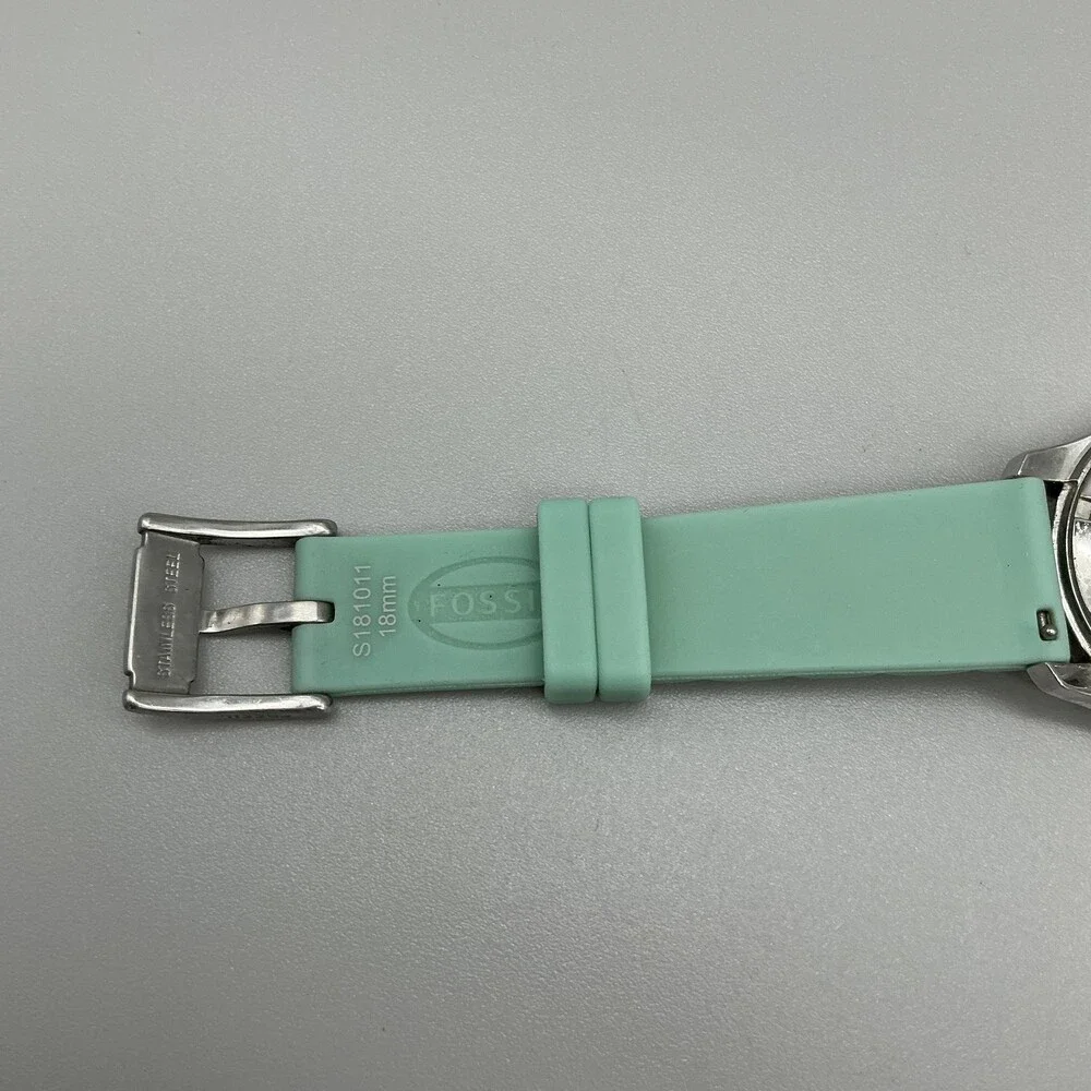 Fossil AM4464 Womens Watch 37mm White Dial Green Silicone Crystals Date New Batt